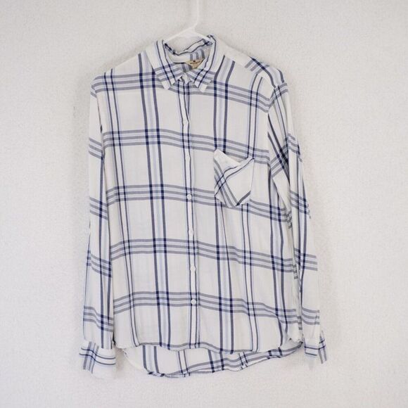 Woolrich Large Blue White Plaid Cotton Flannel Long Sleeve Collored Button Front - Picture 1 of 9